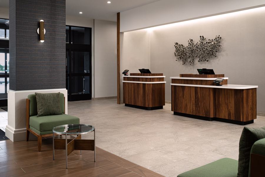 Front desk with sculptural wall art