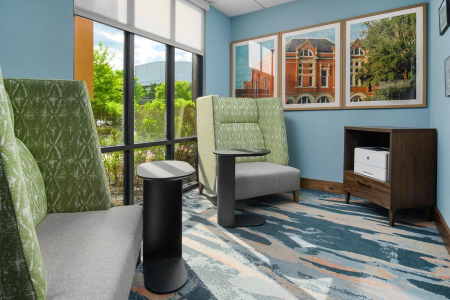 Lobby seating nook with local artwork