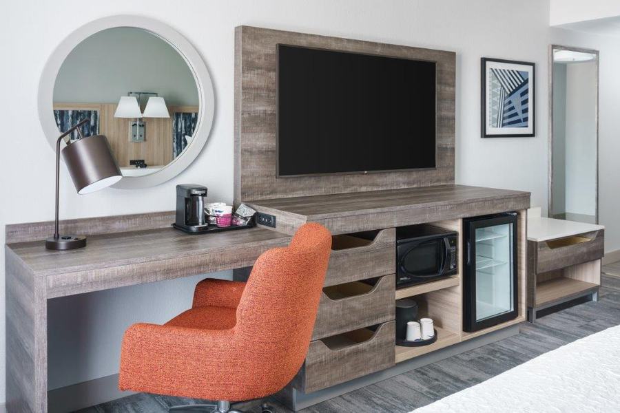 Guest room desk and media wall