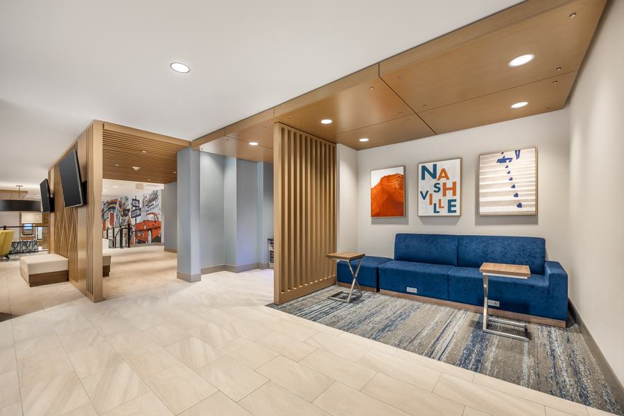 Lobby seating with Nashville artwork
