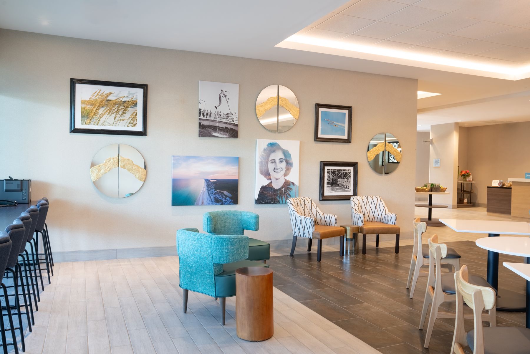 Lobby gallery wall and lounge seating