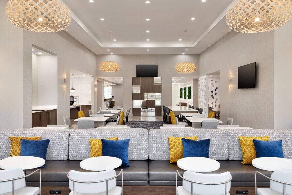 Lodge seating with blue and gold cushions