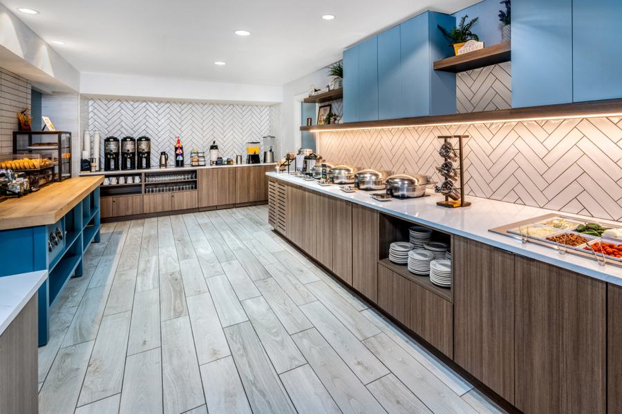 Breakfast buffet with herringbone tile
