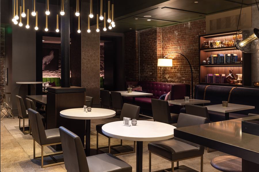 Restaurant with brass pendant lights
