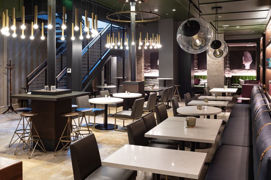 Restaurant seating and staircase