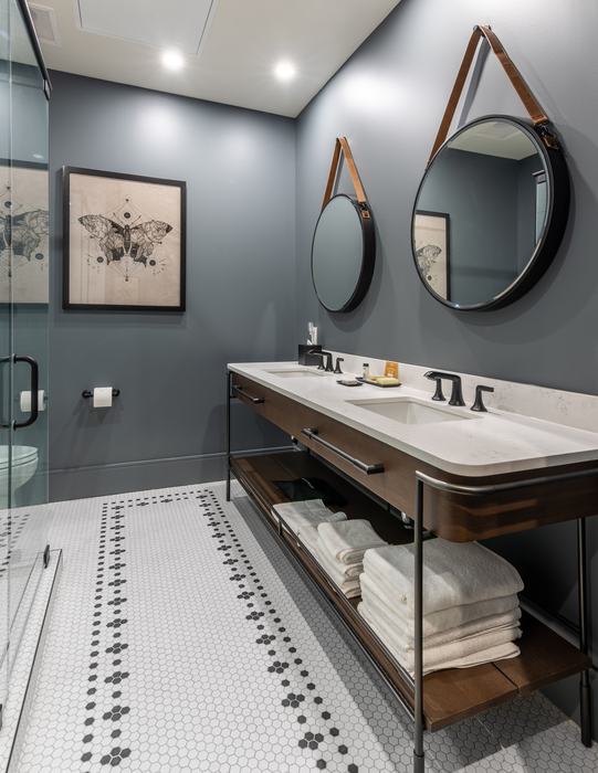 Bathroom with strap mirrors and mosaic tile